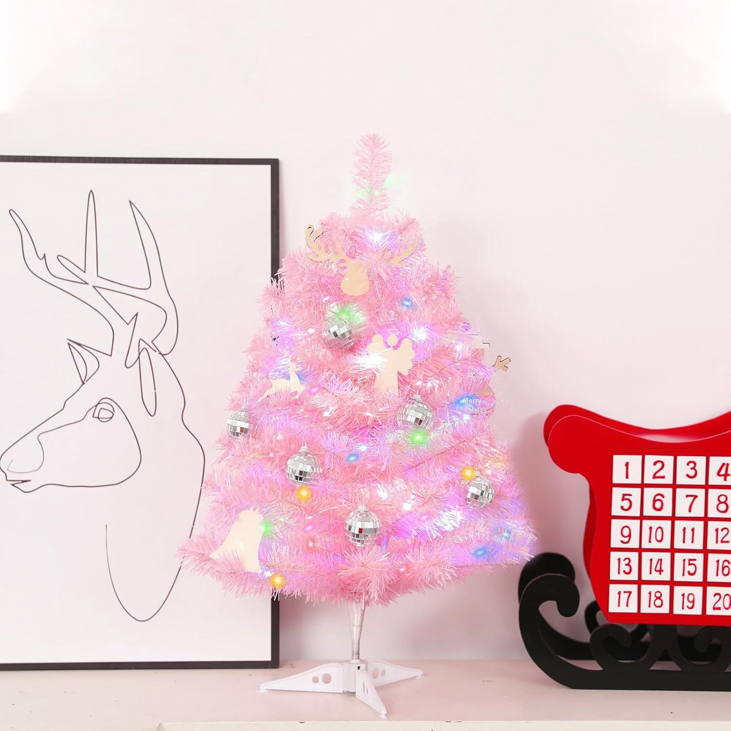 2FT Artificial Christmas Tree with Lights, Lighted Pink Tabletop Christmas Tree with Plastic Stand Light Up Battery Operated Mini Xmas Tree for Party Indoor Outdoor Holiday Home Decoration