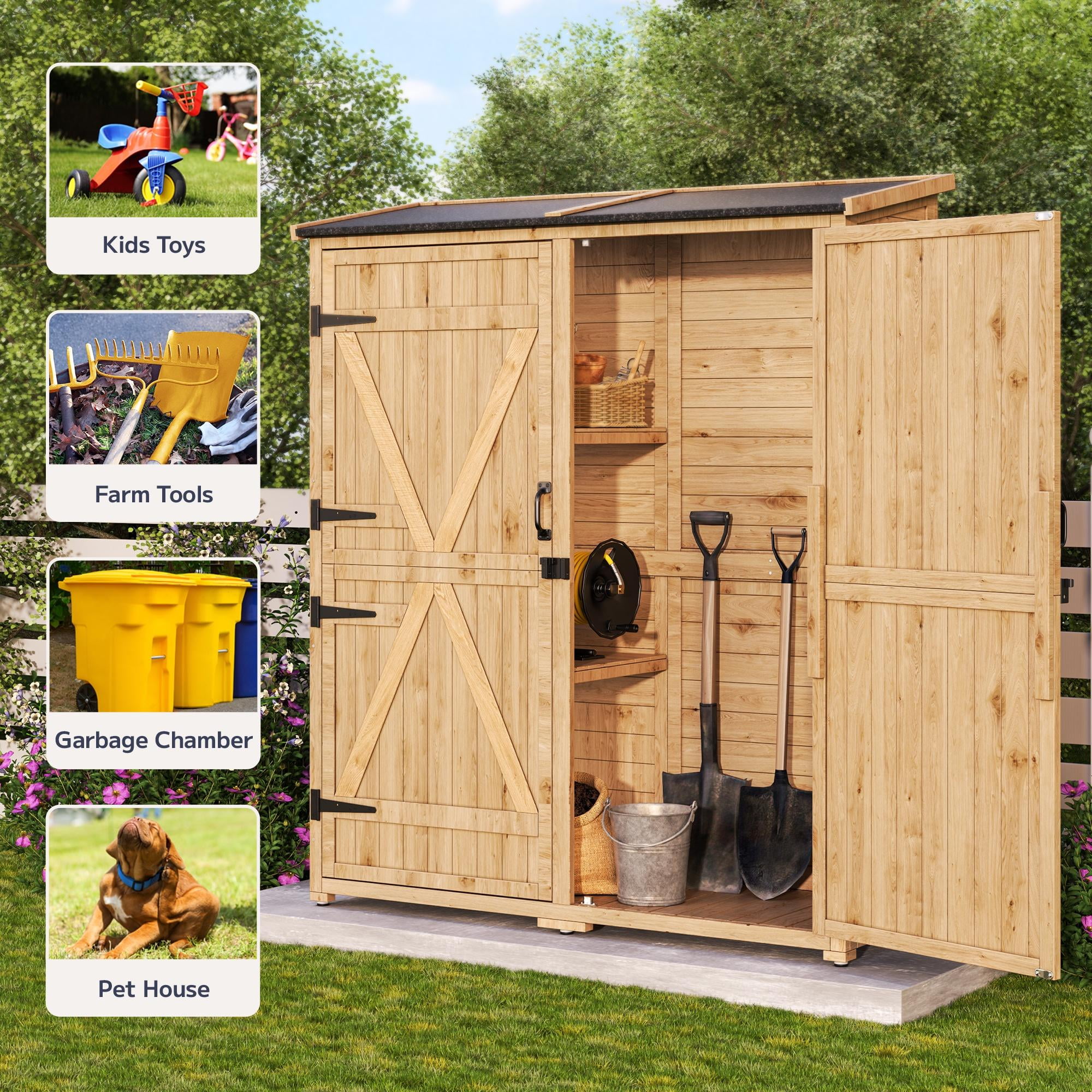 Asofer Wood Vertical Shed with Floor, Outdoor Storage Cabinet with Waterproof Roof, Garden Shed with 2 Removable Shelves