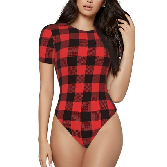 Kdxio Buffalo Plaid Red Black for Women's Short-Sleeved Onesie Stylish Round Neck Pajamas Bodysuit Jumpsuit Nightwear-Small