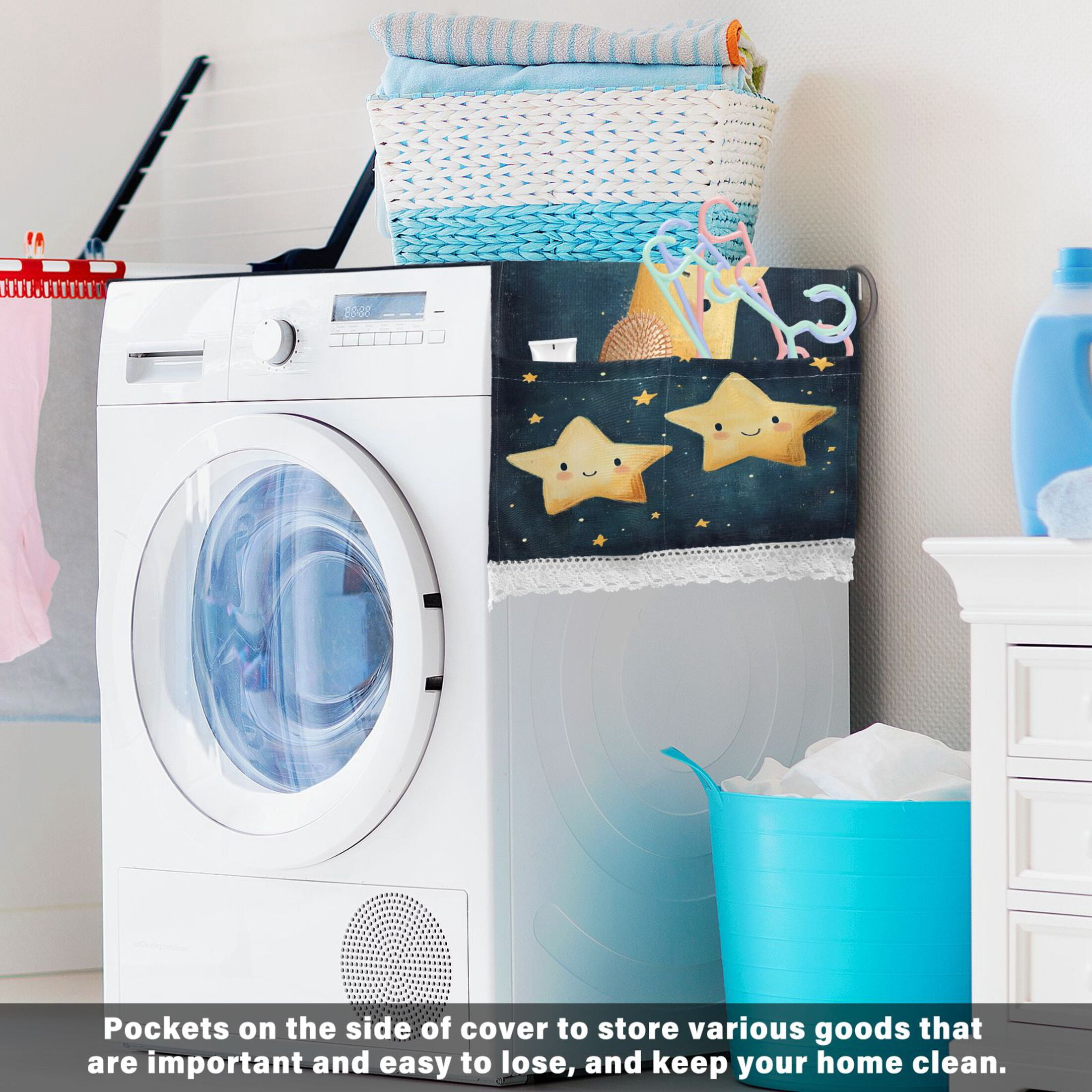Two Cute StarsWasher and Dryer Covers Dust-Proof and Oil Resistant Fridge Cover with 4 Storage Pockets Washing Machine Top Cover for Laundry Kitchen Home 51.2 x 22 In