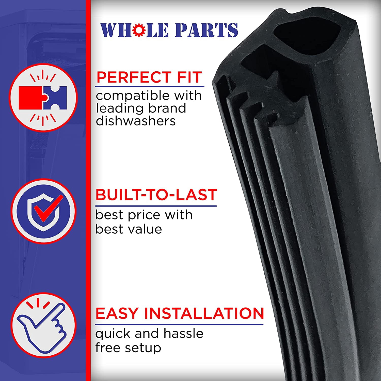 Whole Parts Dishwasher Bottom Door Gasket (Black) Part # 154859401 - Replacement & Compatible With Some Frigidaire and Electrolux Dishwashers - 2 Yr Warranty