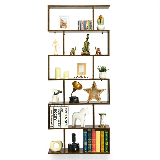 Patiojoy 6-Tier S-Shaped Wooden Bookshelf Storage Bookcase Multifunctional Display Stand Shelf Coffee