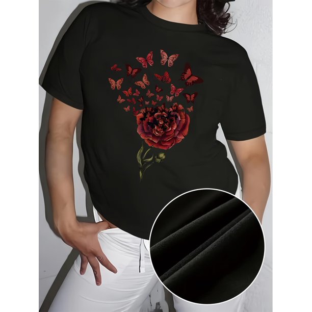 Women's Vintage Butterfly & Floral Print Crew Neck T-Shirt - Casual Short Sleeve, Black Polyester, Machine Washable, Ideal for Spring/Summer