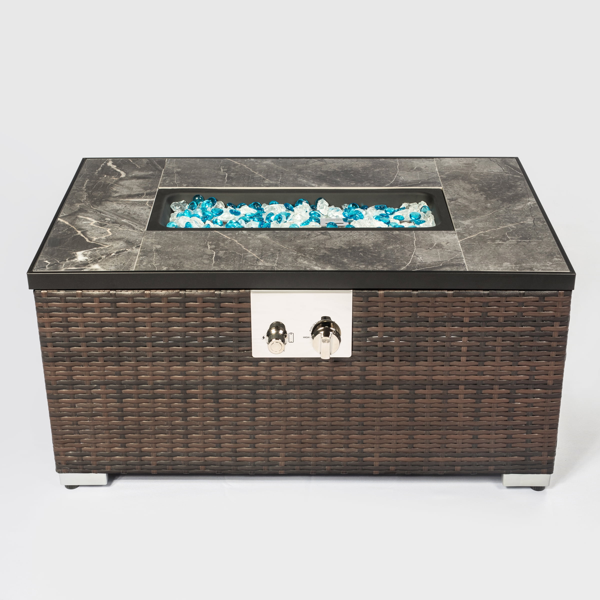 Olurrisa 32" Propane Gas Fire Pit Table, 50000 BTU Rectangular Fire Pit, Tile Tabletop with Beautiful Wicker Base for Outside Patio Deck Garden Courtyard-Brown