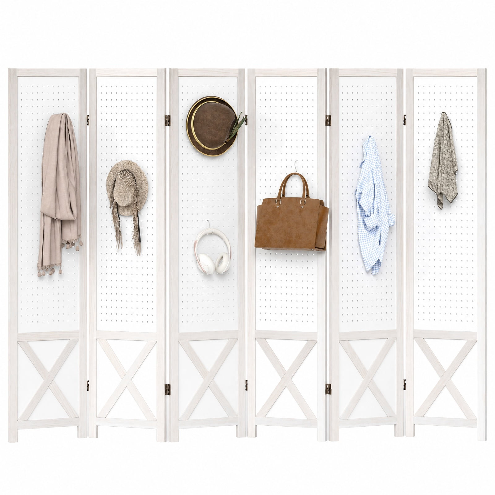 Vebreda 6-Panel Pegboard Room Divider, 67 in Tall Foldable Wood Privacy Screen with Peg Holes for Hanging Storage, Freestanding Partition for Home Office, White