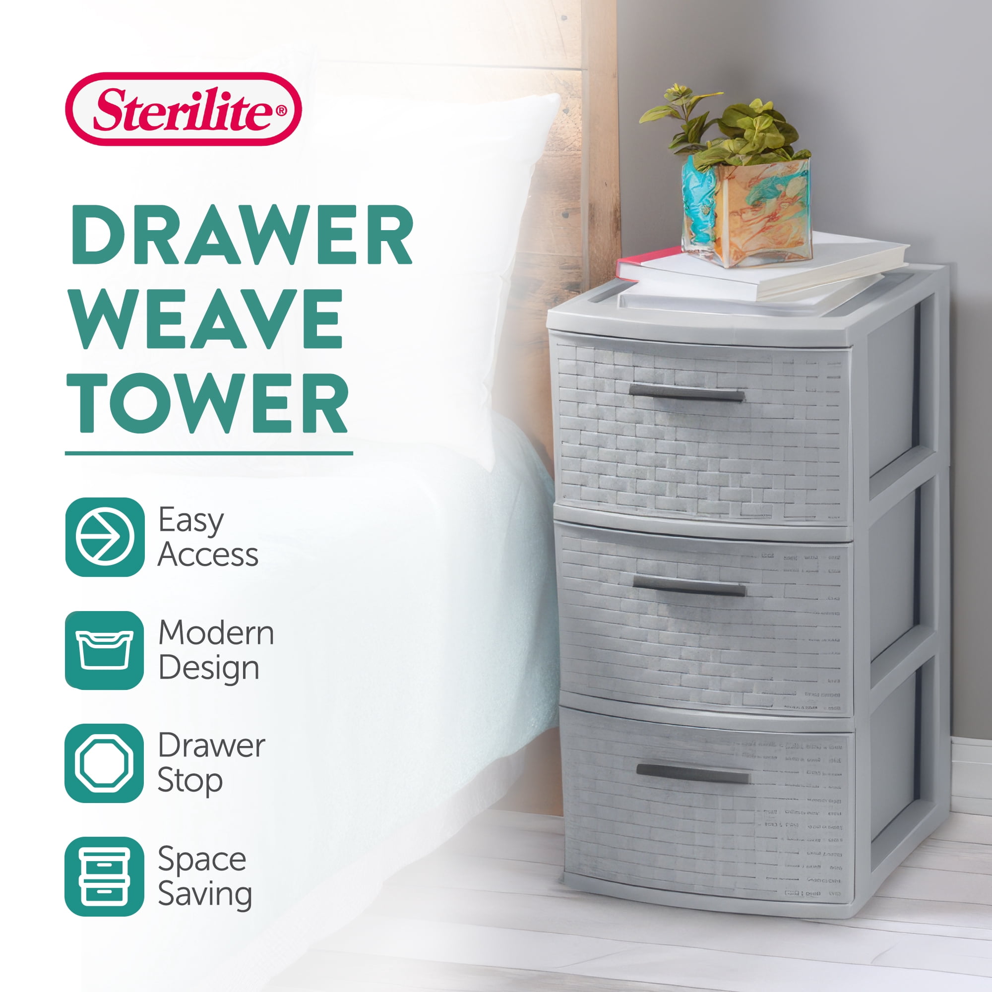 Sterilite 3 Drawer Storage Tower, Plastic Weave Medium Home Organizer, Cement, 2 Pack