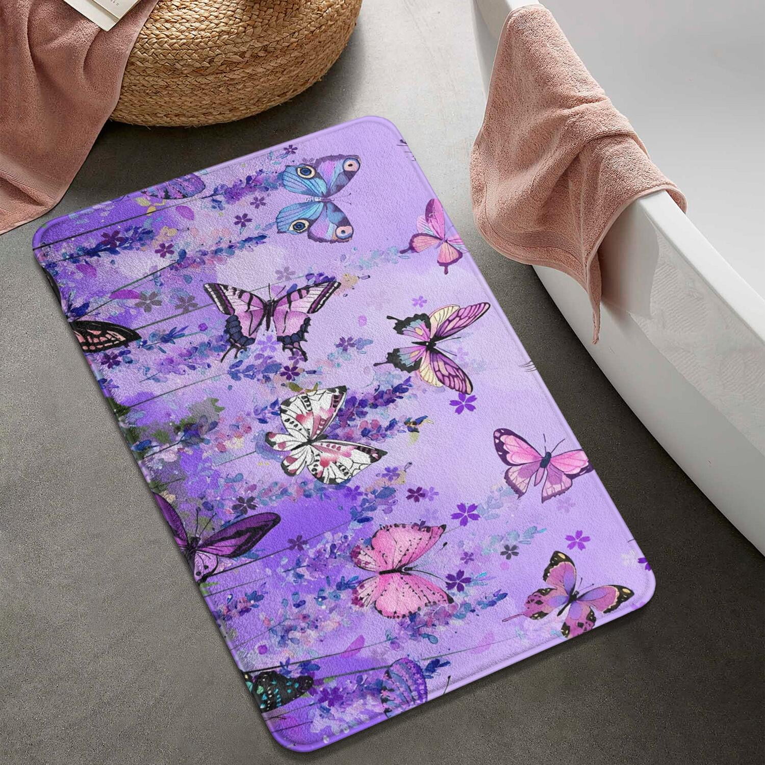 Purple Lavender Butterfly Scene Bathroom Rugs Mat,Non Slip Microfiber Bathroom Rug,Rubber Backing,Soft Bathroom Mats for Bathroom Floor,Tub and Shower,20x32in(50x80cm)