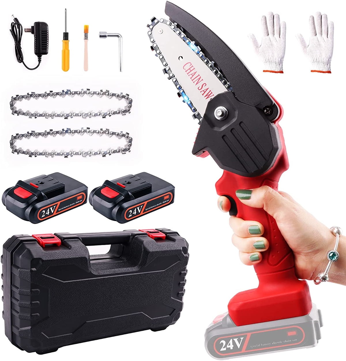 2 Batteries 2 Chains FOONSEN Mini Chainsaw battery powered Chainsaw for Wood Cutting 4“ Hand held Cordless Chain saw Tree Branches Shears Pruning