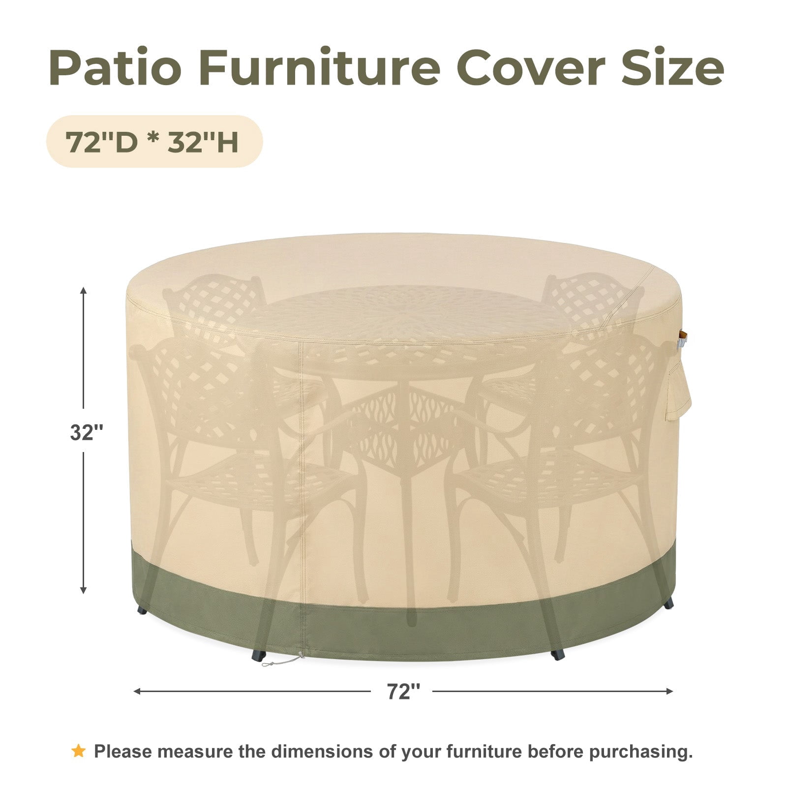 BPS Waterproof Patio Table and Chairs Cover, 600D Anti-UV Outdoor Dining Furniture Set Cover with Air Vent and Storage for Patio Round Sectional Set, 72''Dia x 32''H