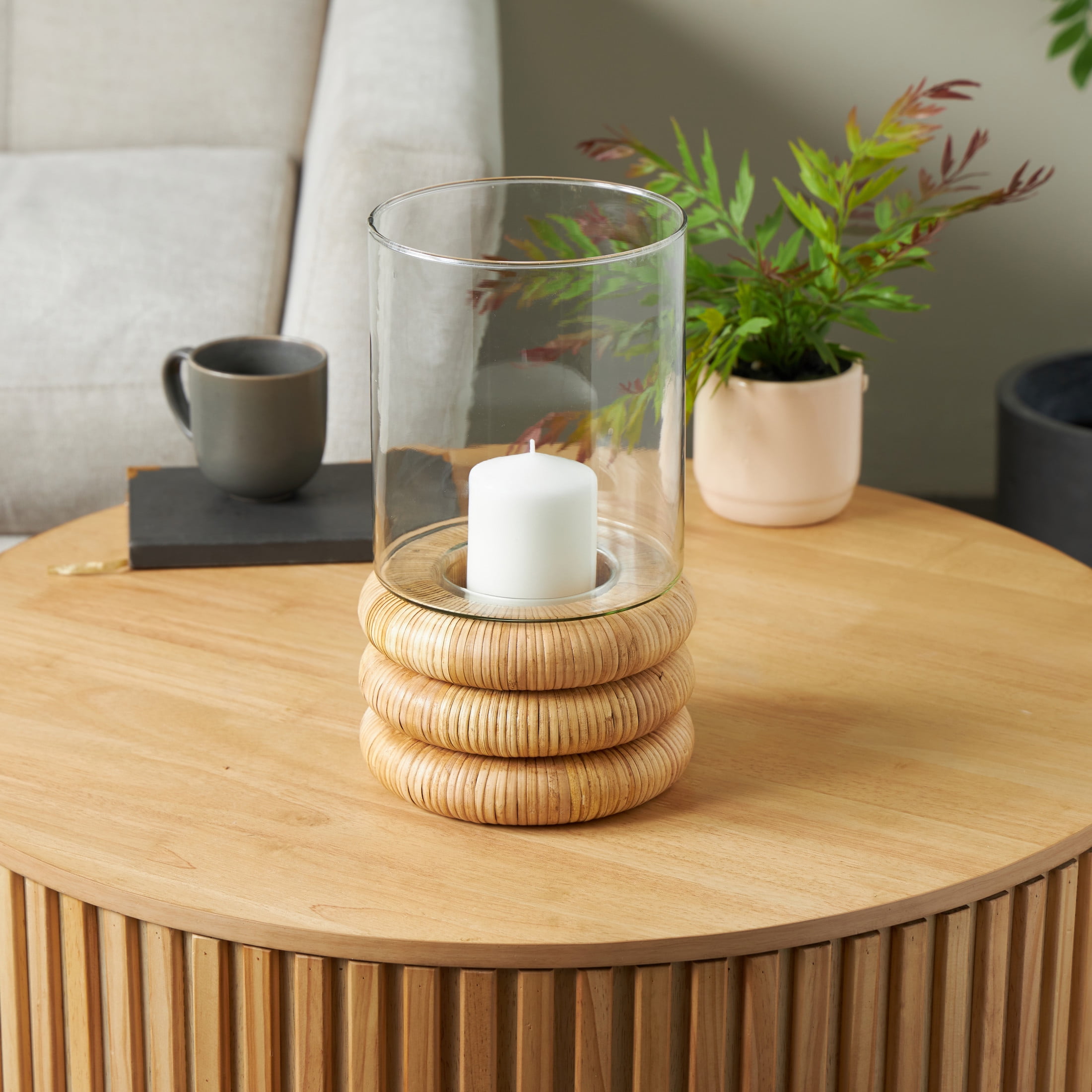 DecMode Glass Round Hurricane Lamp with Light Brown Woven Base