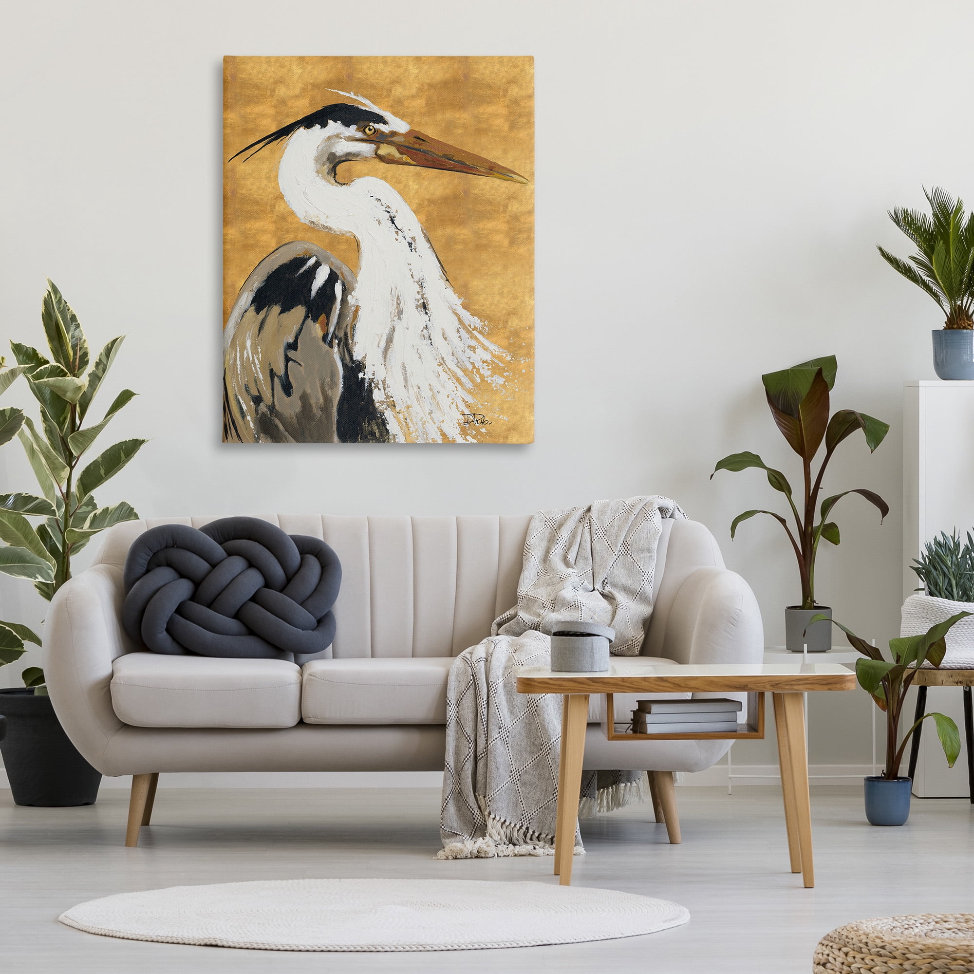 Stupell Industries Heron on Gold Pattern Animals & Insects Painting Gallery Wrapped Canvas Art Print Wall Art, 36 x 48