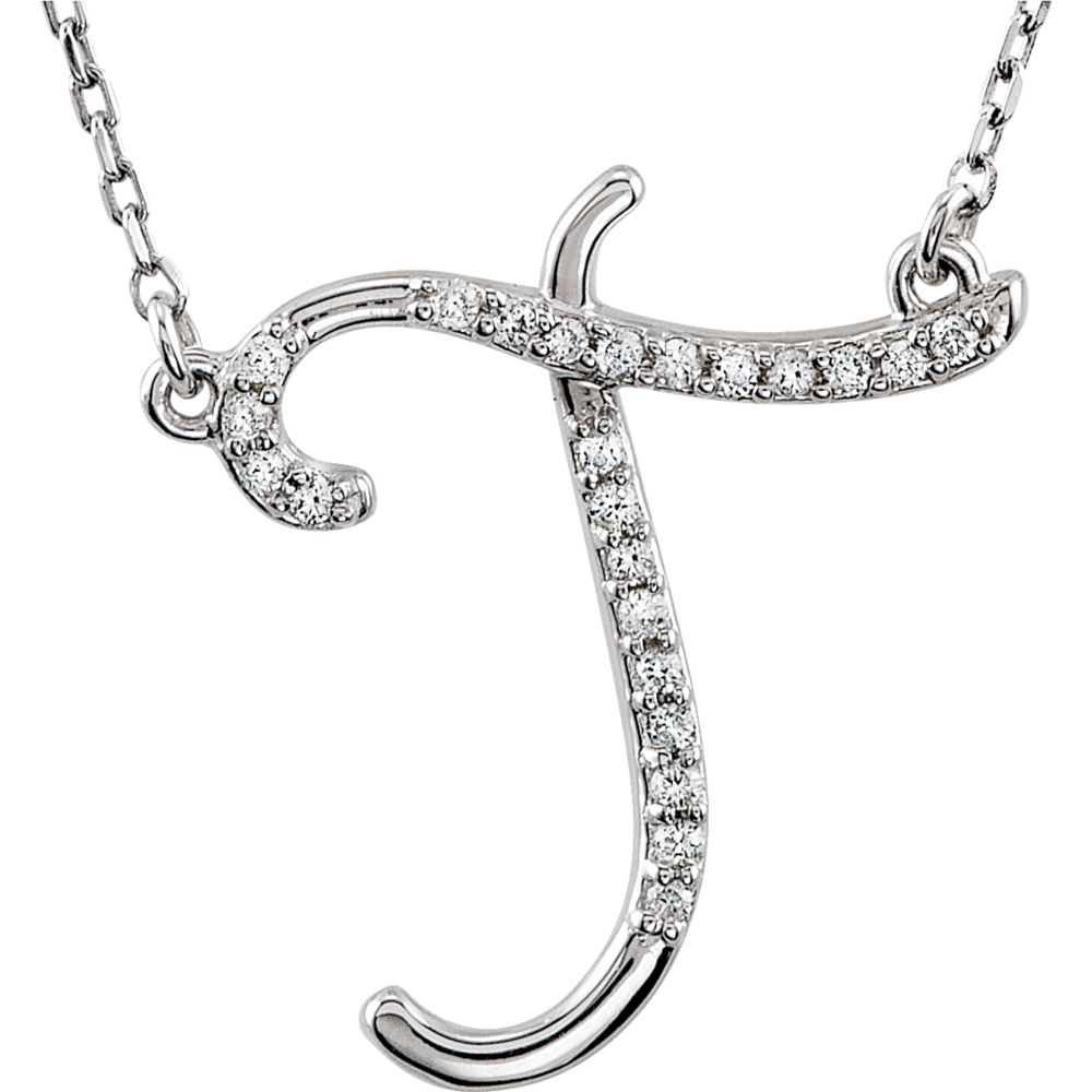 Diamond2Deal 925 Sterling Silver Letter "T" 1/8 Cttw Diamond Initial Pendant Necklace 16inch