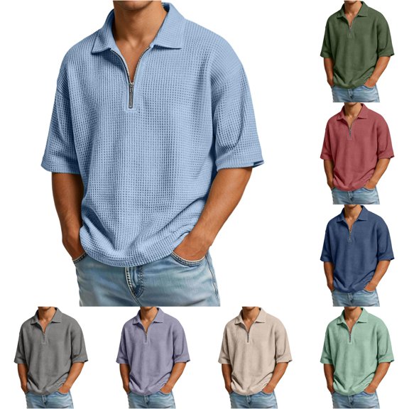 XIAONU Men's Solid Waffle Polo Shirt Half Zip Short Sleeve Collared Daily Tee