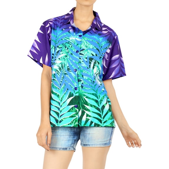 LA LEELA Hawaiian Shirts Womens Casual Summer Button Down Beach Party Short Sleeve Vacation Blouse Shirt Hawaii Blouses Dress Tee Shirts for Women L Forest, Multicoloured
