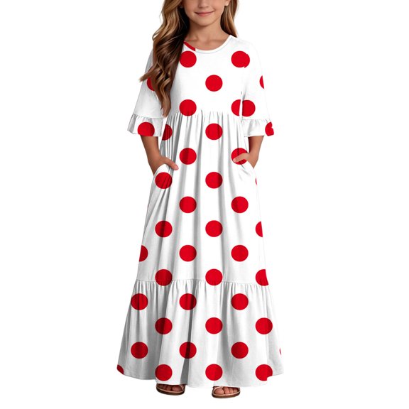 Atogsazn Girl's Summer Maxi Drss Kids Casual Ruffle Short Sleeve Dresses Flowy Party Tiered Sundress Red 4-5 Years Fashion
