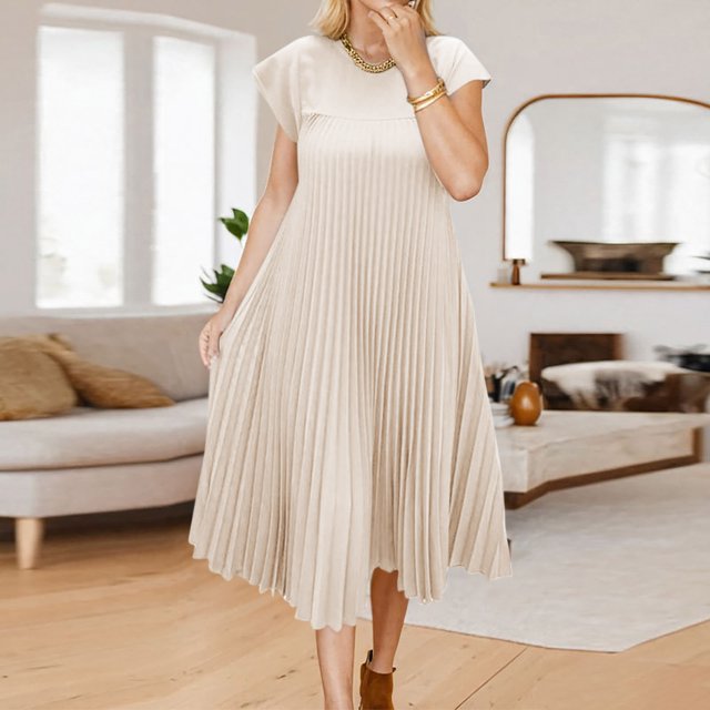 Ovzne Robes pour Femmes 2025 Robe pour Femme Grande Taille Décontractée Manches Courtes Mi-Longue Plissée Taille Haute Couleur Unie Robe d'Été Manches Courtes Liquidation