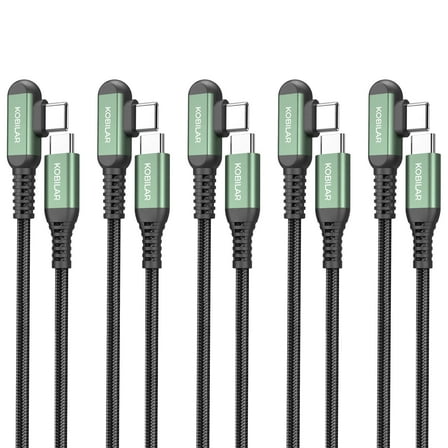 Kobilar USB C to USB C Cable Right Angle 90 Degree Nylon 60W Type C Fast Charging Cord for  iPhone 16, Samsung Galaxy S25-5pack-1.5 5 10ft，green