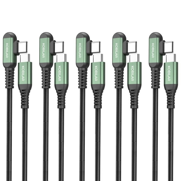 Kobilar USB C to USB C Cable Right Angle 90 Degree Nylon 60W Type C Fast Charging Cord for  iPhone 16, Samsung Galaxy S25-5pack-1.5 5 10ft，green