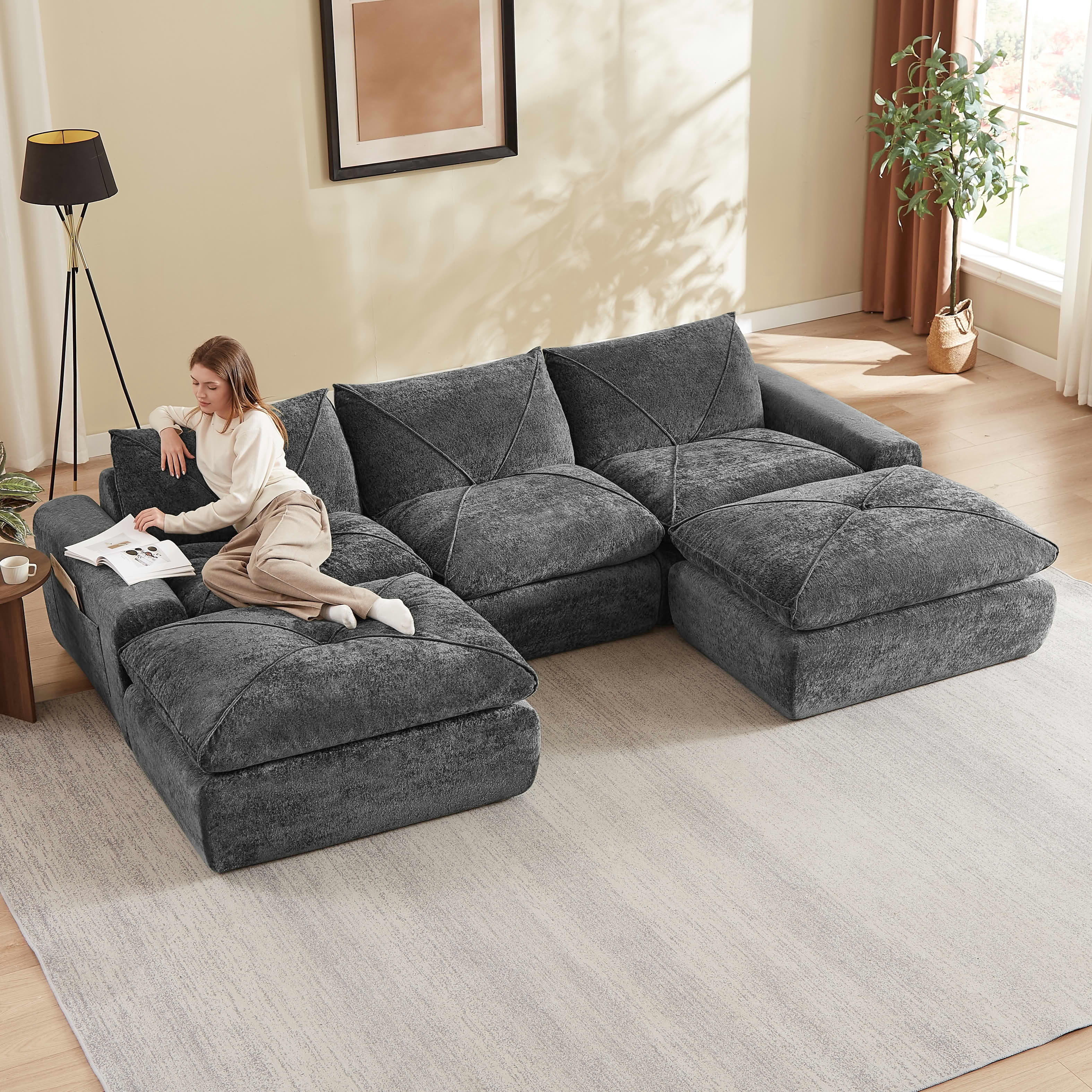 MAYEERTY 119" Dark Gray Chenille U-Shaped Modular Sectional Sofa, Spring Support for Living Room Apartment