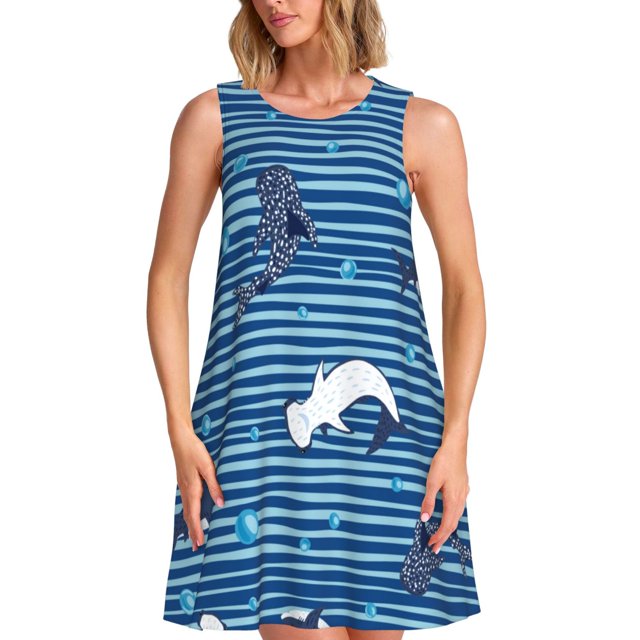 Wukai Requins sur Fond Blanc Bleu Imprimé Rayé Robe Sans Manches pour Femmes, Coupe Ample Robe Décontractée pour Femmes, Robe d'Été Confortable Sans Manches