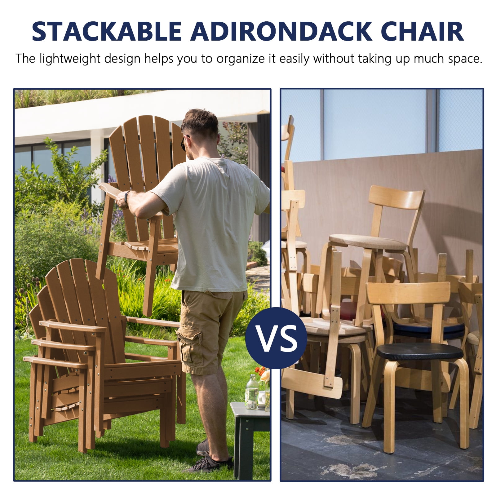 Cobiod Stackable Adirondack Chairs Set of 2, HDPE All-Weather Patio Chairs, Wood Grain Ergonomic Outdoor Chairs, Cedar