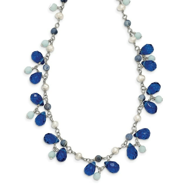 Collier de Perles d'Eau Douce Fermeture Homard SS Cristal Bleu Lapis Teinté Howlite 16 Pouces Griffe de Homard Bijou