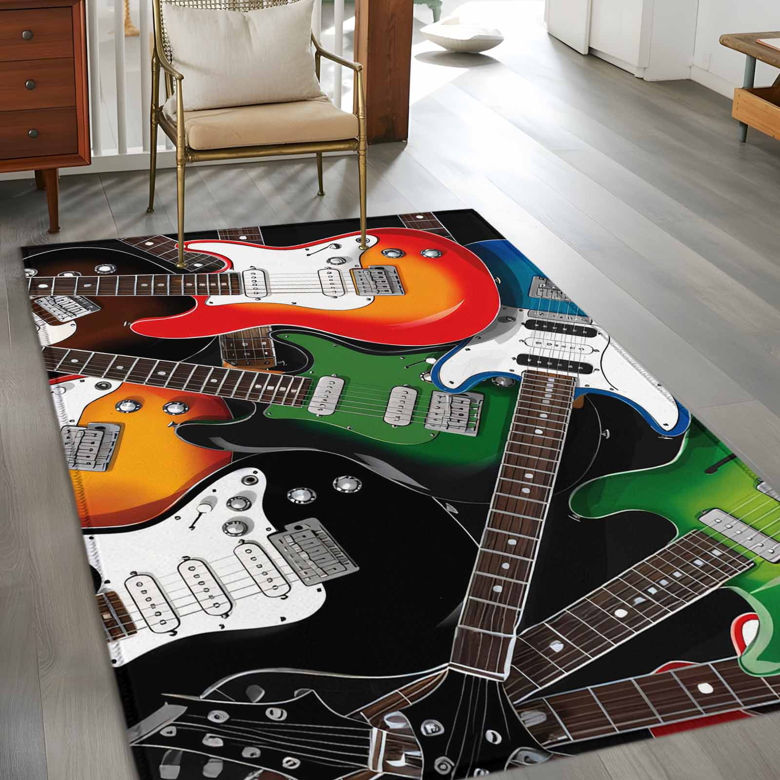 Area Rugs for Living Room Bedroom, Guitar 4'x6' Rug Washable Carpet Runner Indoor Outdoor, Cartoon Modern Colorful Guitars Non Slip Accent Floor Mats Rug for Kitchen, Office