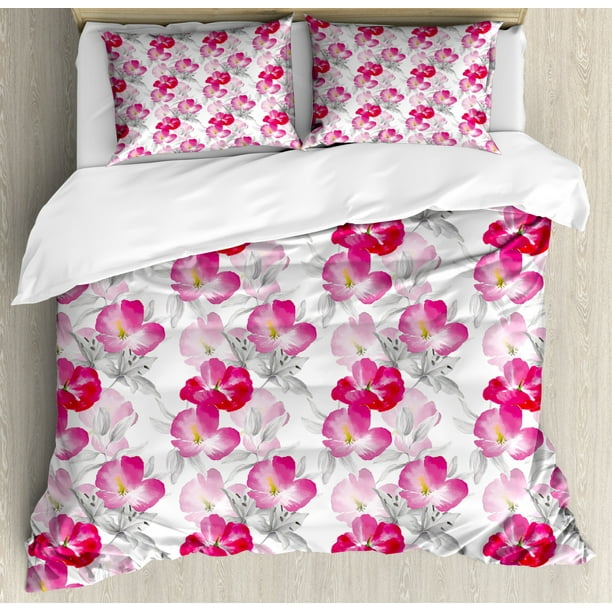 Floral King Size Duvet Cover Set, Watercolor Poppy Flowers Vivid Color
