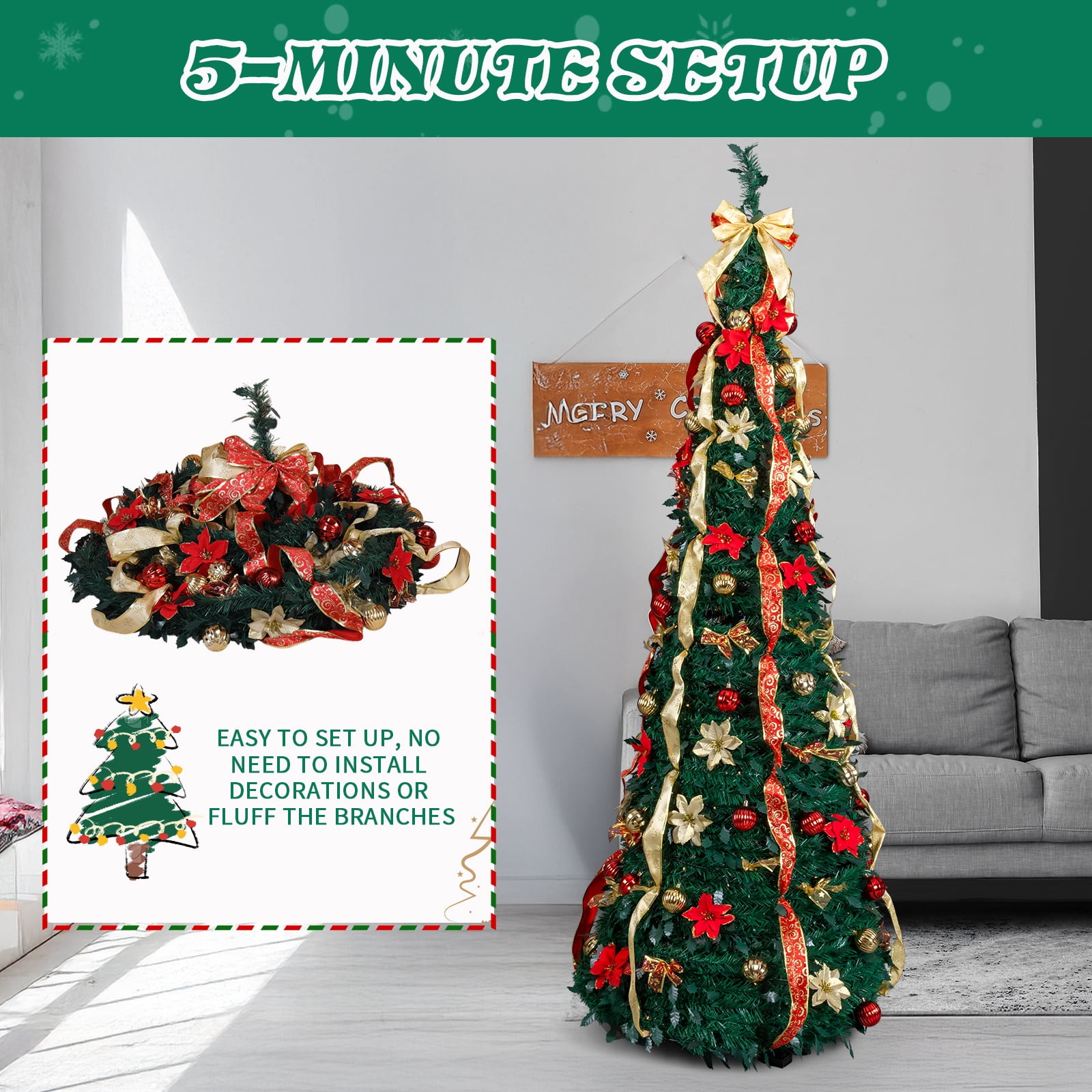 7 FT Fully Decorated Pre-lit Christmas Tree, Pop Up Artificial Xmas Tree with 200 Warm Lights Remote Control and Red & Golden Ornaments for Home Office Store Holiday Decor