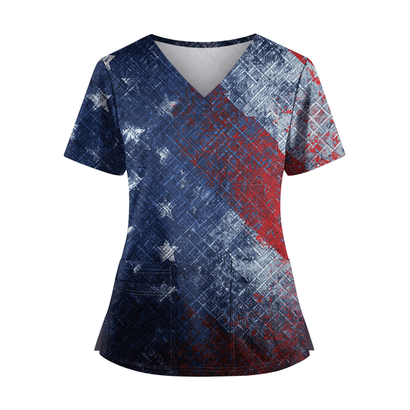 Womens 4th of July Scrub Tops Loose V Neck American Flag Print Scrub Shirts Short Sleeve USA 250th Anniversary Patriotic Scrubs Medical Nurse Uniform Nursing Workwear with Pockets Navy L