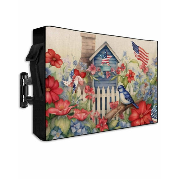 4th of July Outdoor TV Cover 52 to 55 Inch Weatherproof, Farmhouse Independence Day Floral Birds 600D Oxford TV Covers with Waterproof Zipper, Outside Flat TV Screen Protector Size 52"Wx19"Hx4.5"D