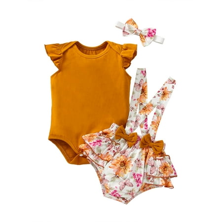 

Amuver Infants Girl Outfits Sets Solid Color Fly Sleeve Romper + Bowknot Floral Printed Ruffle Suspender Triangle Shorts + Headband
