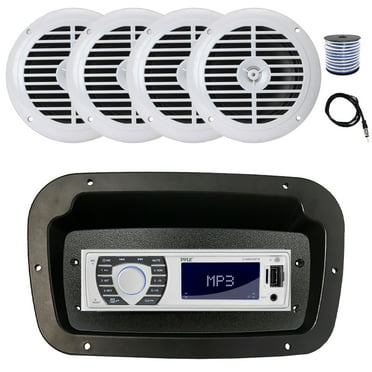 Pyle PLRMR23BTW Single DIN Bluetooth Marine MP3 Stereo Receiver, Spa bezel, Adapter Plate, 22" Radio Antenna, Wire, 4x 6.5" 120 Watt Peak Full Range Dual Cone Waterproof Stereo Speakers (White)