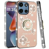 For Motorola Moto G Power 5G 2025 Case, Diamonds Bling All Around Edges Sparkly Glitter Hybrid with Ring Stand Holder Fashion Good Luck Phone Cover (Gold)