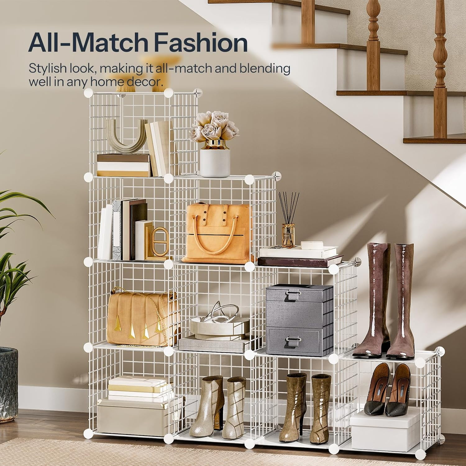 Cube Storage Organizer, Wire Cube Storage, 12-Cube Metal Grid Storage Shelf, Modular Cabinet, DIY Cube Bookshelf, for Living Room, Bedroom, Study, White