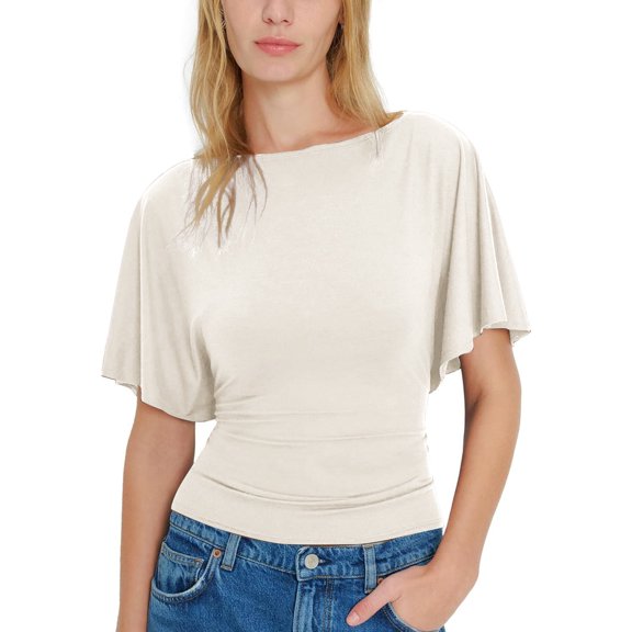 Cinched Waist Shirts for Women Short Dolman Sleeve Boat Neck Tops Lightweight Casual Blouses Modal Slim Fit Tunics Dressy Casual Outfits Business Trendy Tees Back Tie Bow Tops(White,S)