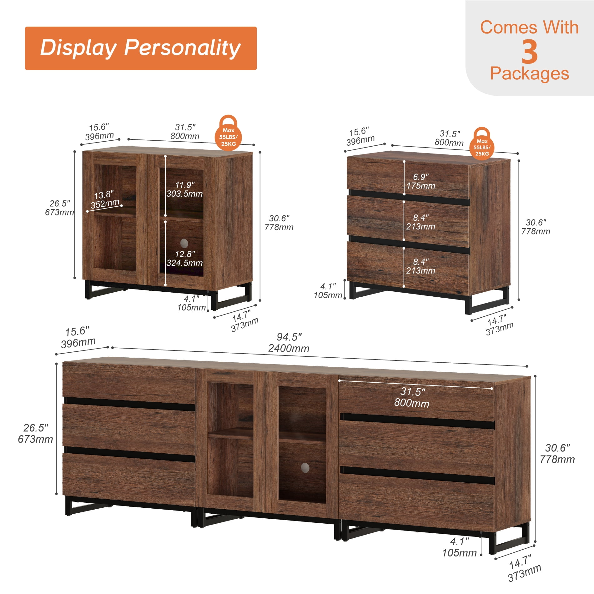 3 In 1 Multifunctional Dresser with Glass Doors & 6 Drawers, Modern Chest of Drawers with Adjustable Shelf and Metal Base, Household Storage Cabinet for Bedroom,Brown