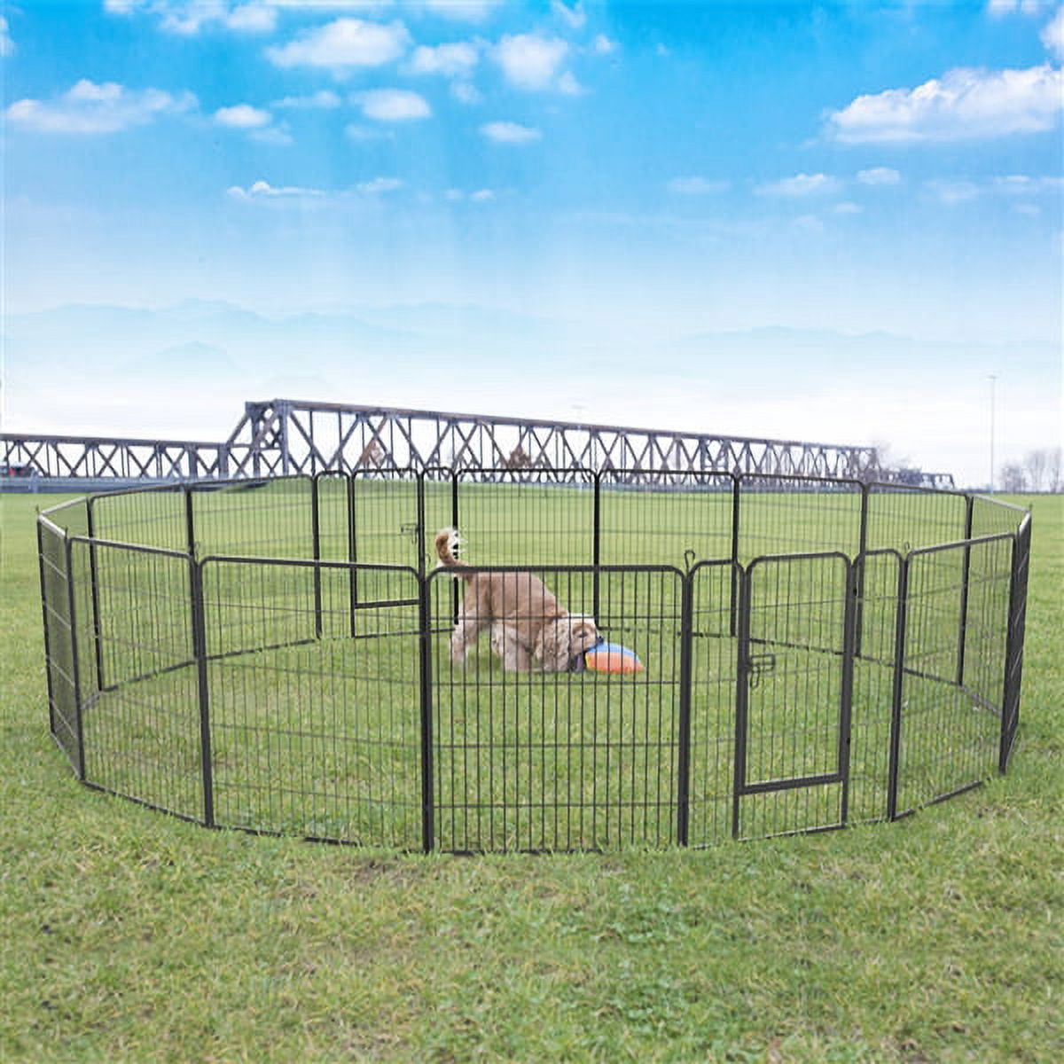 Alden Design 32"H Heavy Duty Black Iron Dog Playpen, 16 Panels