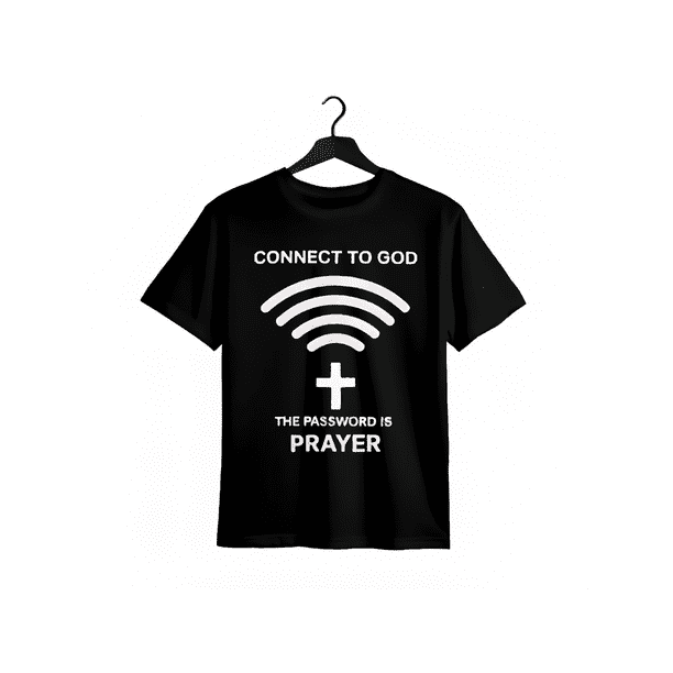 Modern - styled T - Shirt Combining Wi - Fi Symbol and Cross with inspiring Phrases for Devout Wearers