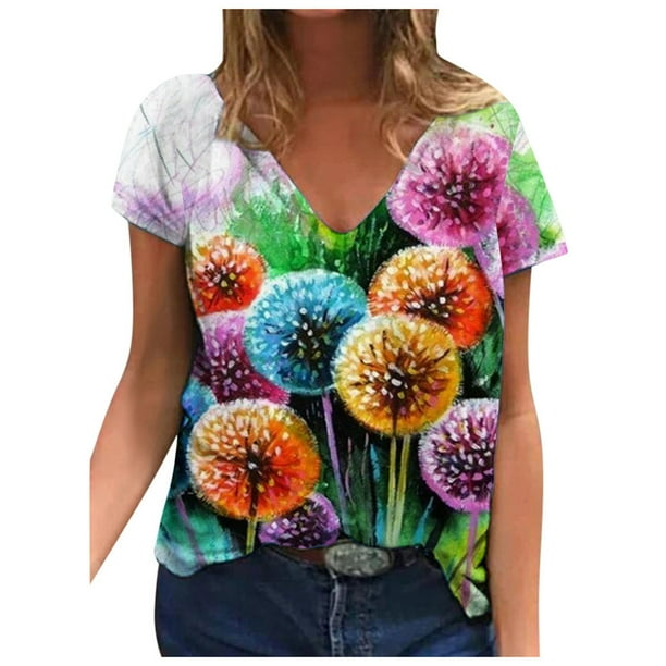 Moda Mujer Cuello en V Manga corta Impresión Jersey Blusas sueltas Tops Camiseta OAVQHLG3B Store lin121212