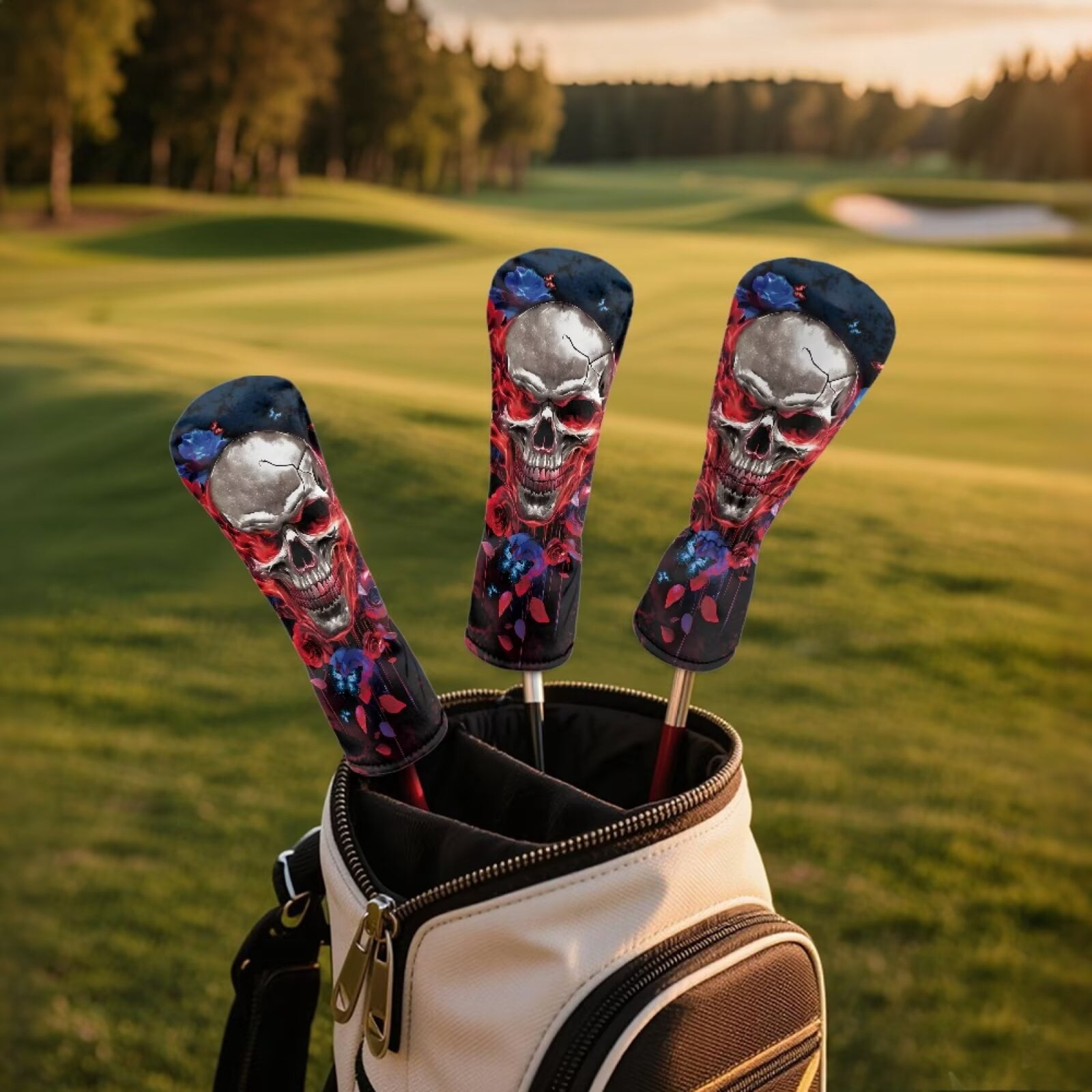 Uorisanigo Golf Headcovers Set Accessories, 3pcs Blue Butterfly Rose Skull Golf Club Head Covers - Golfs Driver Headcover, Fairway Wood Cover, Hybrid Cover - Headcovers for Club Protective
