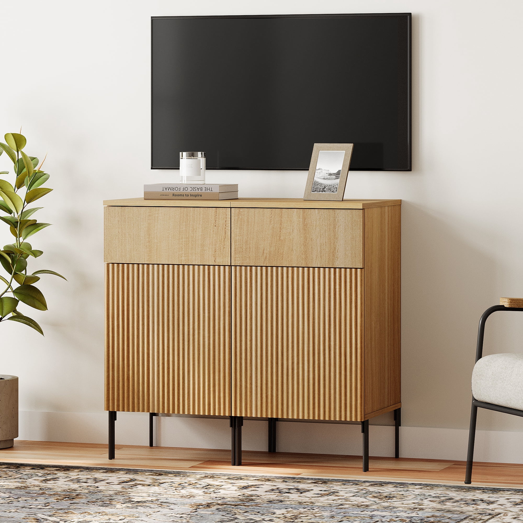 31.5" Modern Reeded TV Stand with Charging Station, Entertainment Center with Adjustable Shelves,Wooden TV Console with Drawers for Living Room