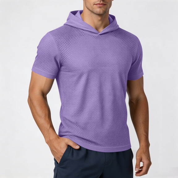 Men's Dryin Mesh Hoodie Gym Shirts - Lightweight Quick-Dry Athletic Pullover Hooded Tee for Workout Fitness Dryin Short Sleeve Top Purple XL