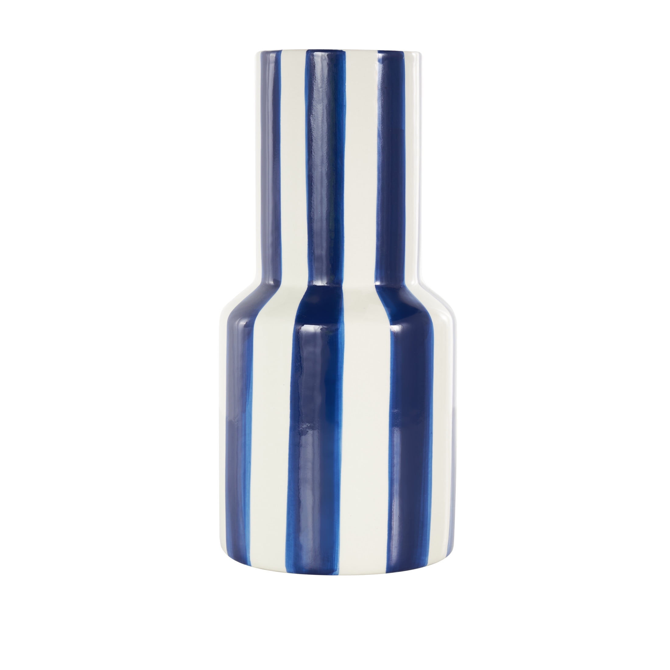 DecMode 11" Round Blue Ceramic Vase with White Vertical Stripes