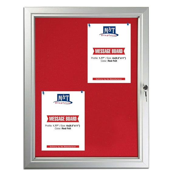 Enclosed Red Felt with Cork Bulletin Board for Outdoor Use, 4x(8.5x11) Inch Paper Size, Lockable Silver Profile, Shatter Resistant Cover, Includes Keys Pins and Mounting Hardware