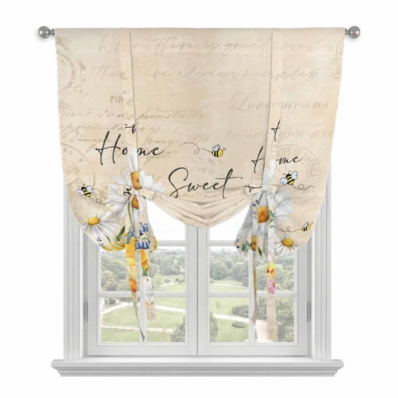 White Daisy Balloon Curtains 63 Inch Length for Living Room/Bedroom, Spring Floral Bees Elegant Pastoral Botanical Rod Pocket Privacy Door Curtains Decorative Tie Up Shade for Window 52"x63"