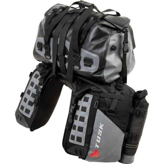 Tusk Highland X2 Rackless Luggage System W/Medium Dry Duffel/Large Bottle Holders Standard Heat Shield Black/Grey for Cfmoto Ibex 800 E 2025