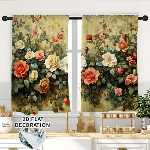 Farmhouse Kitchen Curtains Retro floral patterns Window Short Tier Curtains Over Sink Set of 2, Vintage Small Kitchen Decor