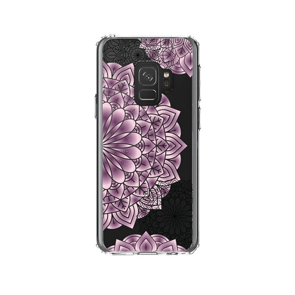 DistinctInk Clear Shockproof Hybrid Case for Samsung Galaxy S9 (5.8" Screen) - TPU Bumper, Acrylic Back, Tempered Glass Screen Protector - Mandala - Purple and Pink and Black