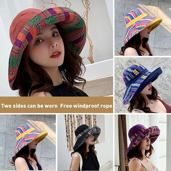 Meidiya Bucket Hats for Women Fisherman Hat Bohemian Color Patchwork Double-Sided Cotton Large Brim Women Sun Shade Sunblock Cap Outdoor Travel Beach Visor Cap